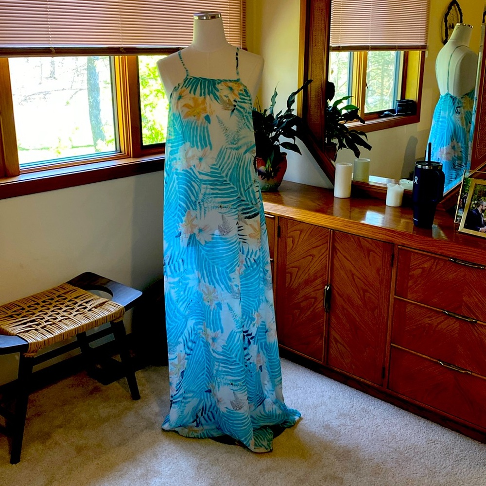 Sheer georgette tropical print maxi dress